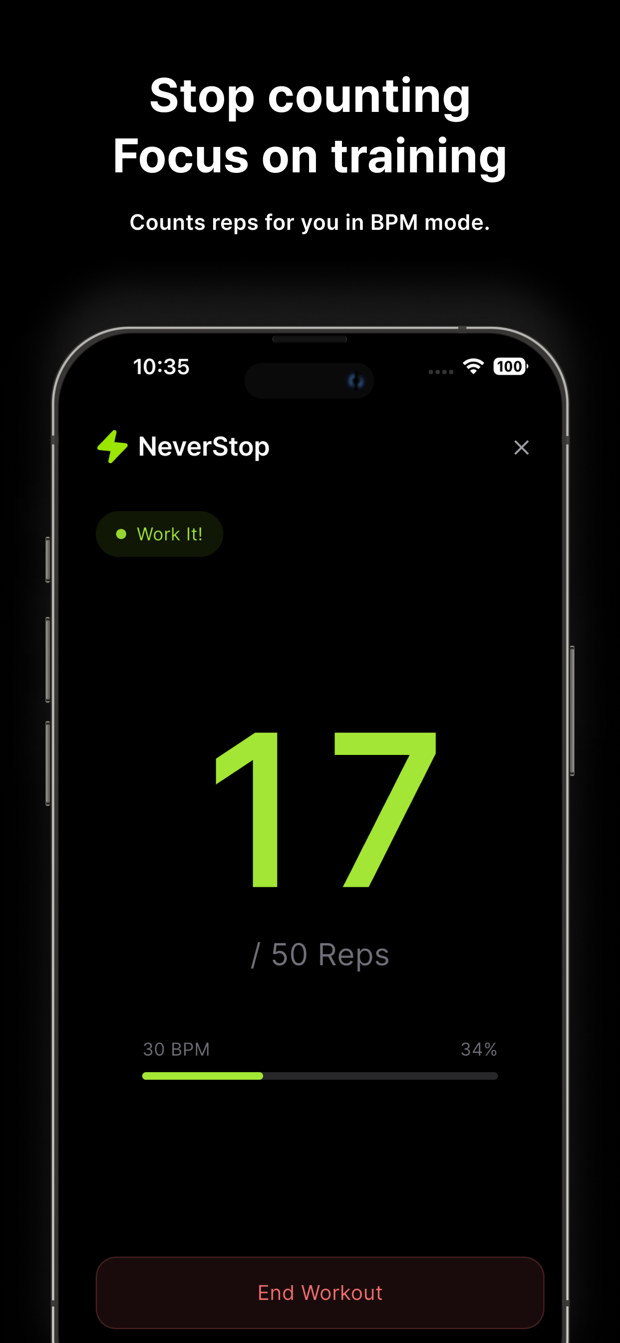 BPM Workout Mode - Rep counter showing 17 out of 50 reps at 30 BPM