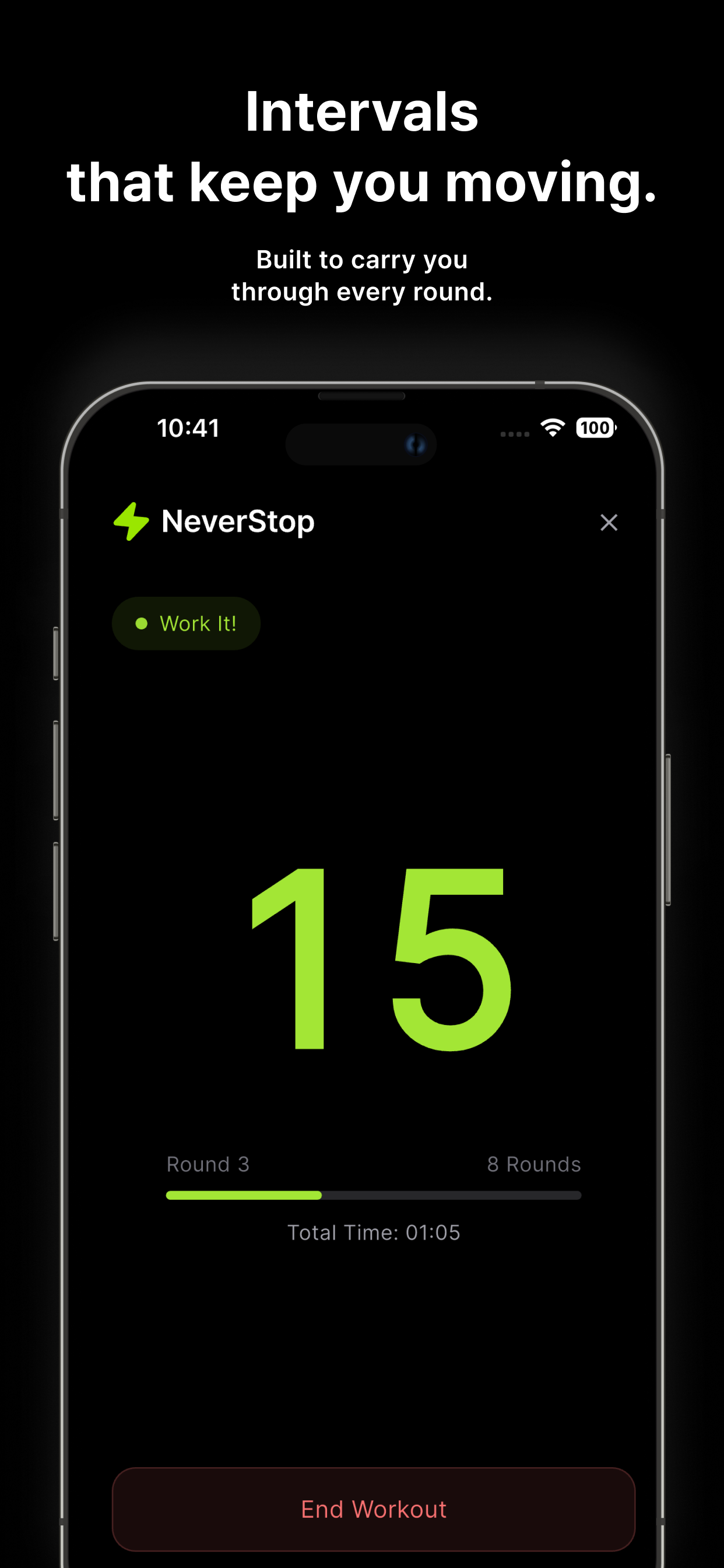 Tabata Workout Mode - Round 3 of 8 with 15 seconds remaining